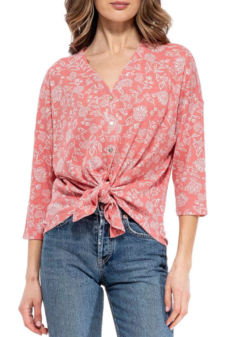 B Collection By Bobeau 3/4 Sleeve Tie Front Top Coral/Ivory - Regular